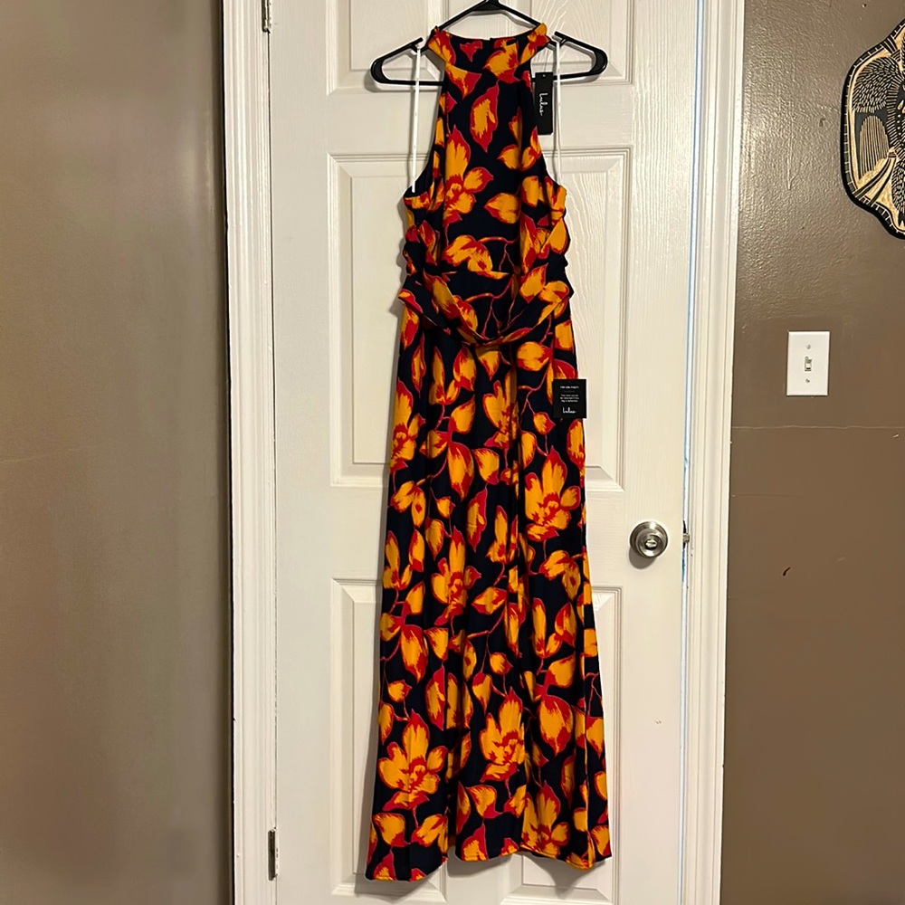 Navy floral halter neck racerback maxi dress